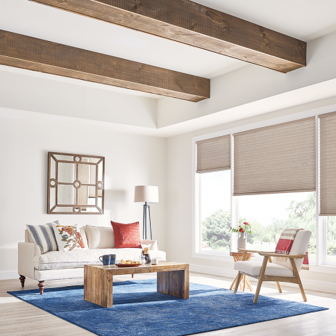 Living room with white walls, wood beams, blue rug, beige couch, and windows with shades.