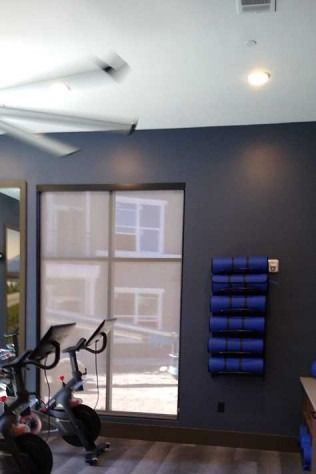 Gym interior with stationary bikes, blue yoga mats, and a window. Dark blue wall.
