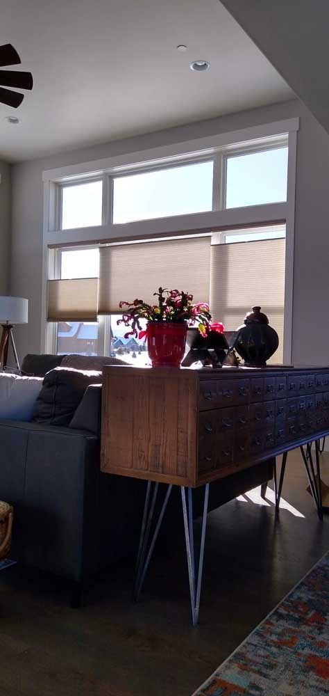 Living room interior with a console table, plants, and a large window with sunlight.
