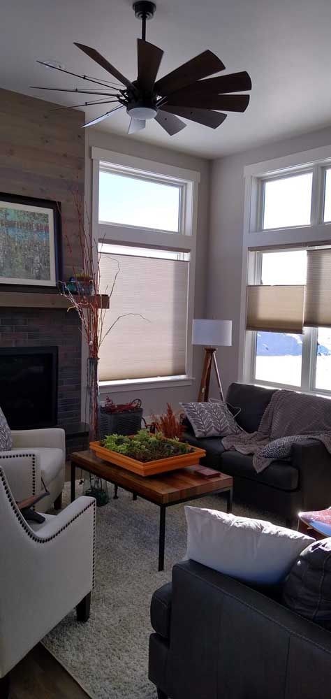 Living room with ceiling fan, fireplace, couches, coffee table, and windows.