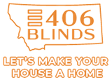 Logo for 406 Blinds. Orange design featuring Montana outline, text "406 BLINDS," and tagline, "Let's make your house a home."