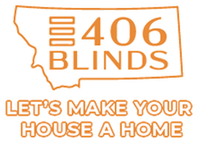 Logo for 406 Blinds. Orange design featuring Montana outline, text "406 BLINDS," and tagline, "Let's make your house a home."