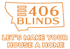 Logo for 406 Blinds. Orange design featuring Montana outline, text 