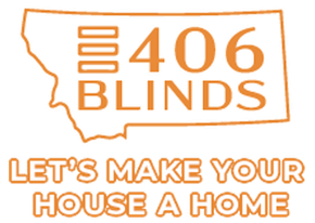 Logo for 406 Blinds. Orange design featuring Montana outline, text "406 BLINDS," and tagline, "Let's make your house a home."