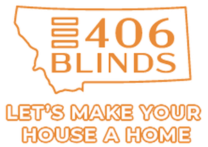 Logo for 406 Blinds. Orange design featuring Montana outline, text