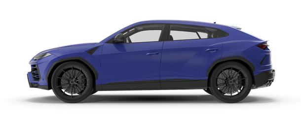 A blue lamborghini urus is shown from the side on a white background.