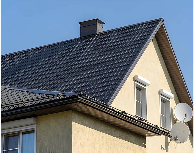A house with a black roof and a satellite dish on the side.