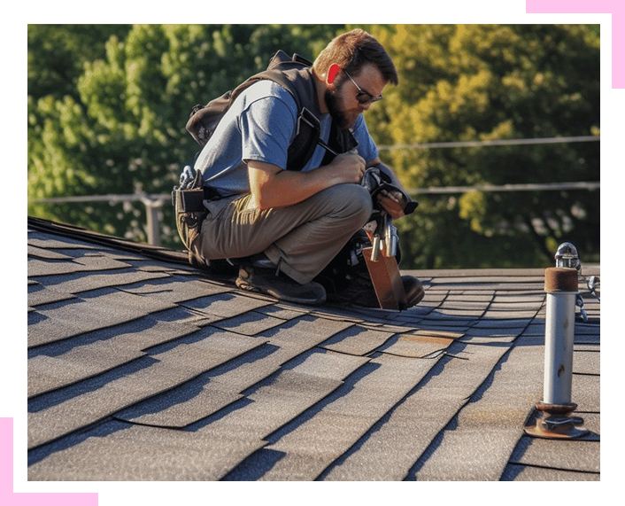 A man is kneeling on top of a roof looking at it.