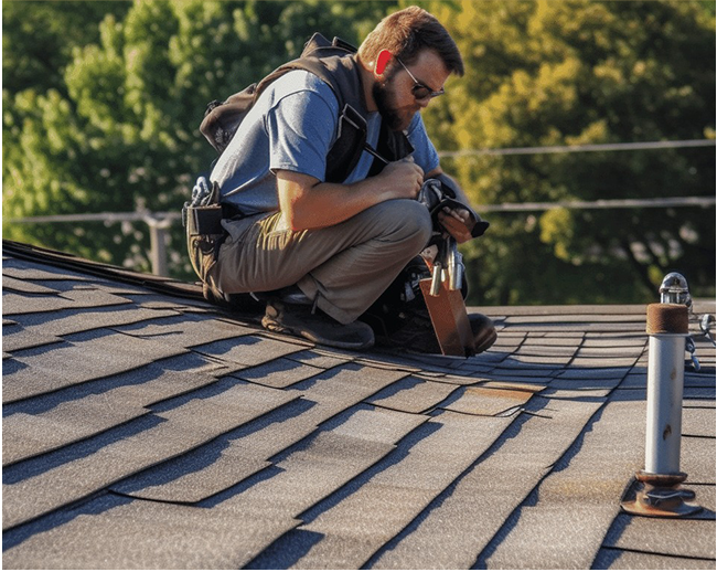 A man is kneeling on top of a roof looking at it.