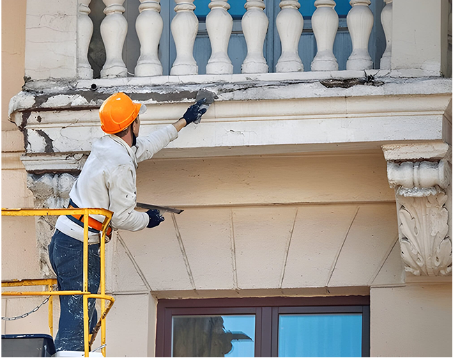 A man is painting a balcony on a building.