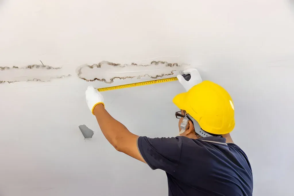 A man is measuring a ceiling with a tape measure.