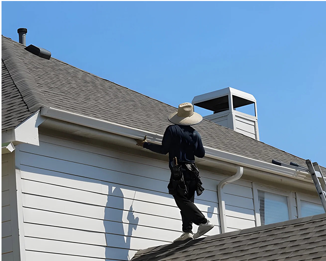 A man is standing on the roof of a house.