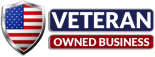 A veteran owned business logo with an american flag on a shield.