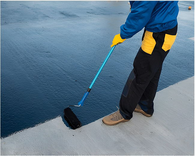 A person is painting a concrete surface with a roller.