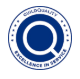 A blue and white logo with a magnifying glass in the center.