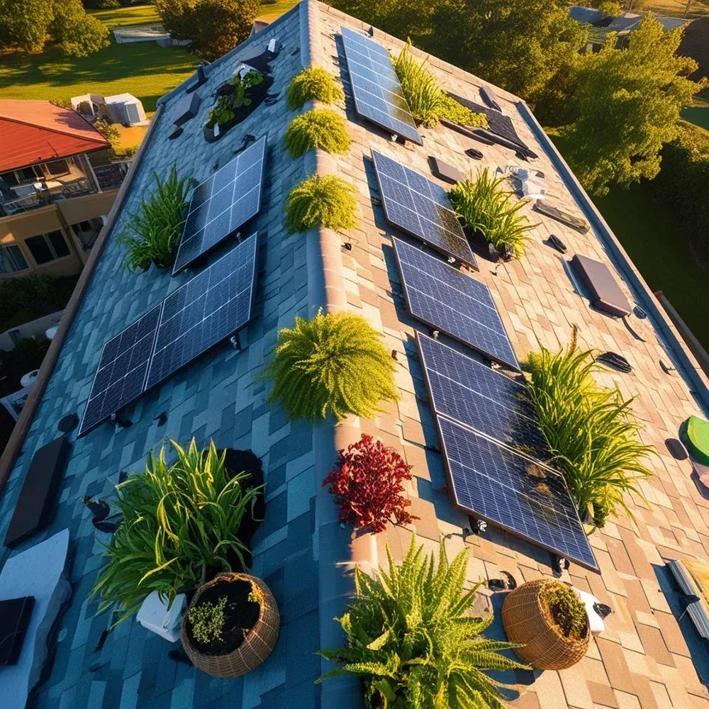 A roof with solar panels and plants on it