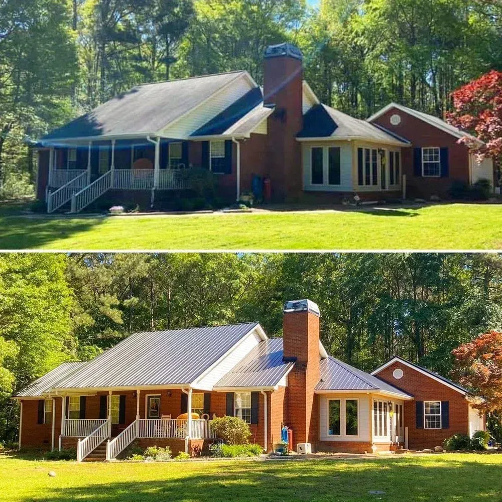 A before and after picture of a brick house with a metal roof.