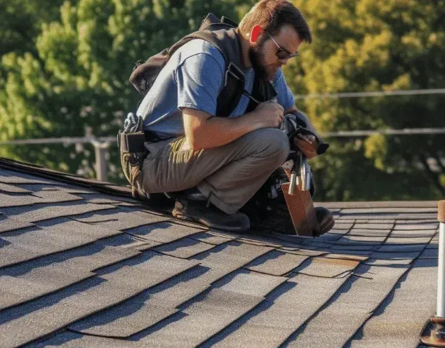 A man is kneeling on top of a roof looking at it.