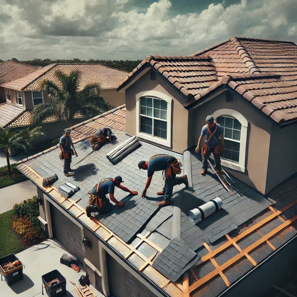 A group of men are working on the roof of a house.