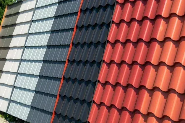 A row of different colored roof tiles are lined up next to each other.