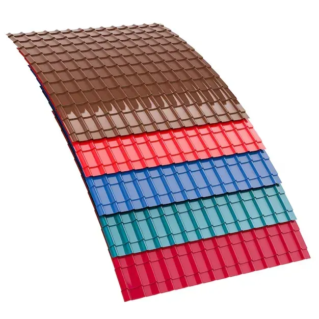 A stack of different colored roof tiles on a white background