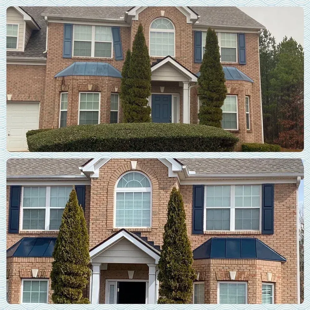 A before and after photo of a brick house with blue shutters