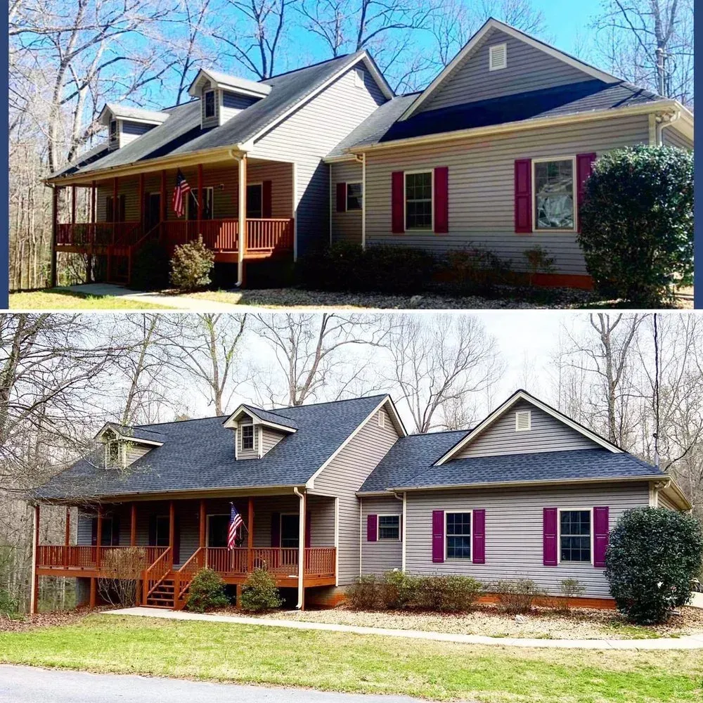 A before and after picture of a house with purple shutters
