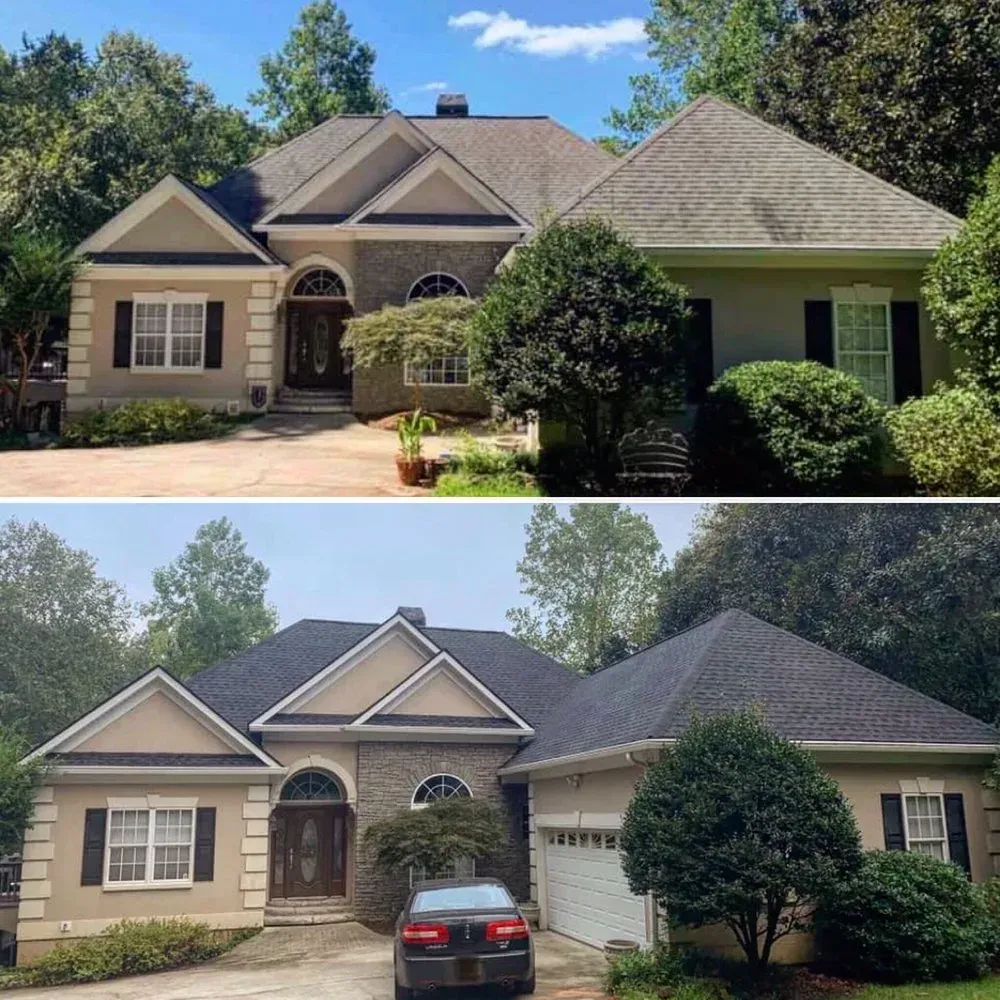 A before and after picture of a house with a new roof.