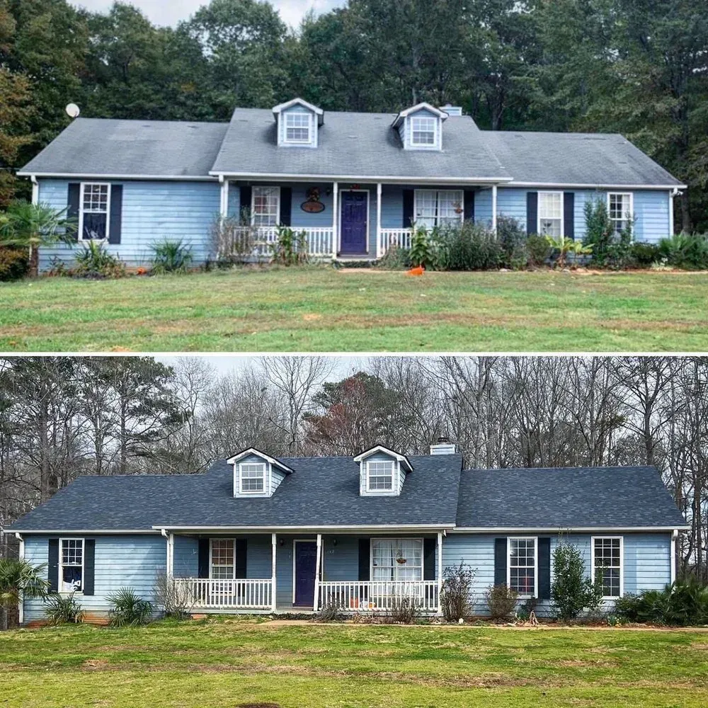 A before and after picture of a blue house
