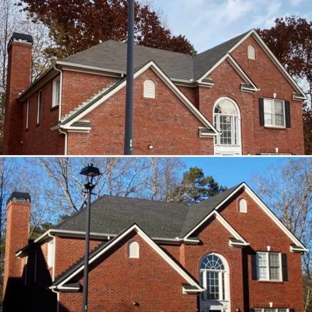 A before and after picture of a brick house