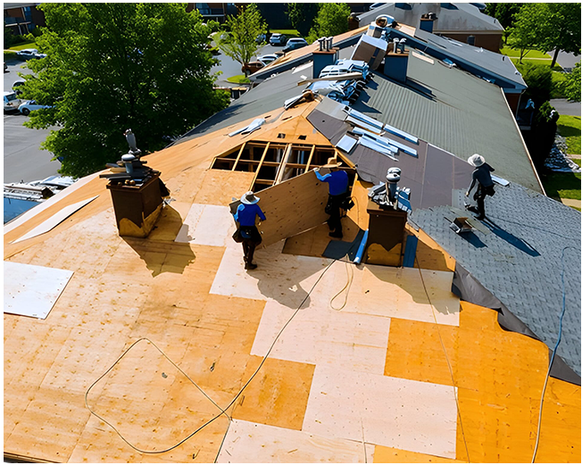 A group of men are working on a roof.