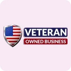 A veteran owned business logo with an american flag on a pink background.