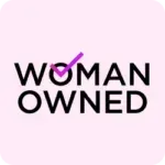 A woman owned logo with a purple check mark on a pink background.