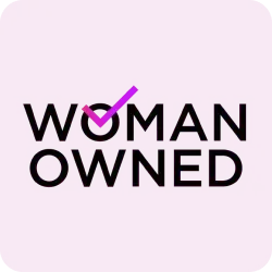 The logo for woman owned has a check mark on it.