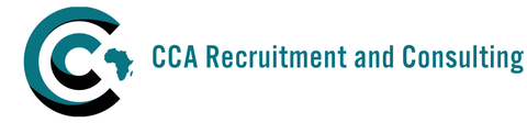 A swooping logo forming the shape of two Cs enveloping each other, connecting to a small image of the continent of Africa. The text says Charity Careers Africa.