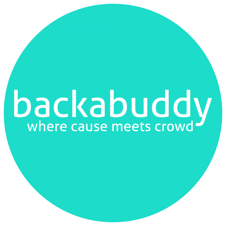 A light blue circle with text inside that reads: Back A Buddy, Where Cause Meets Crowd.