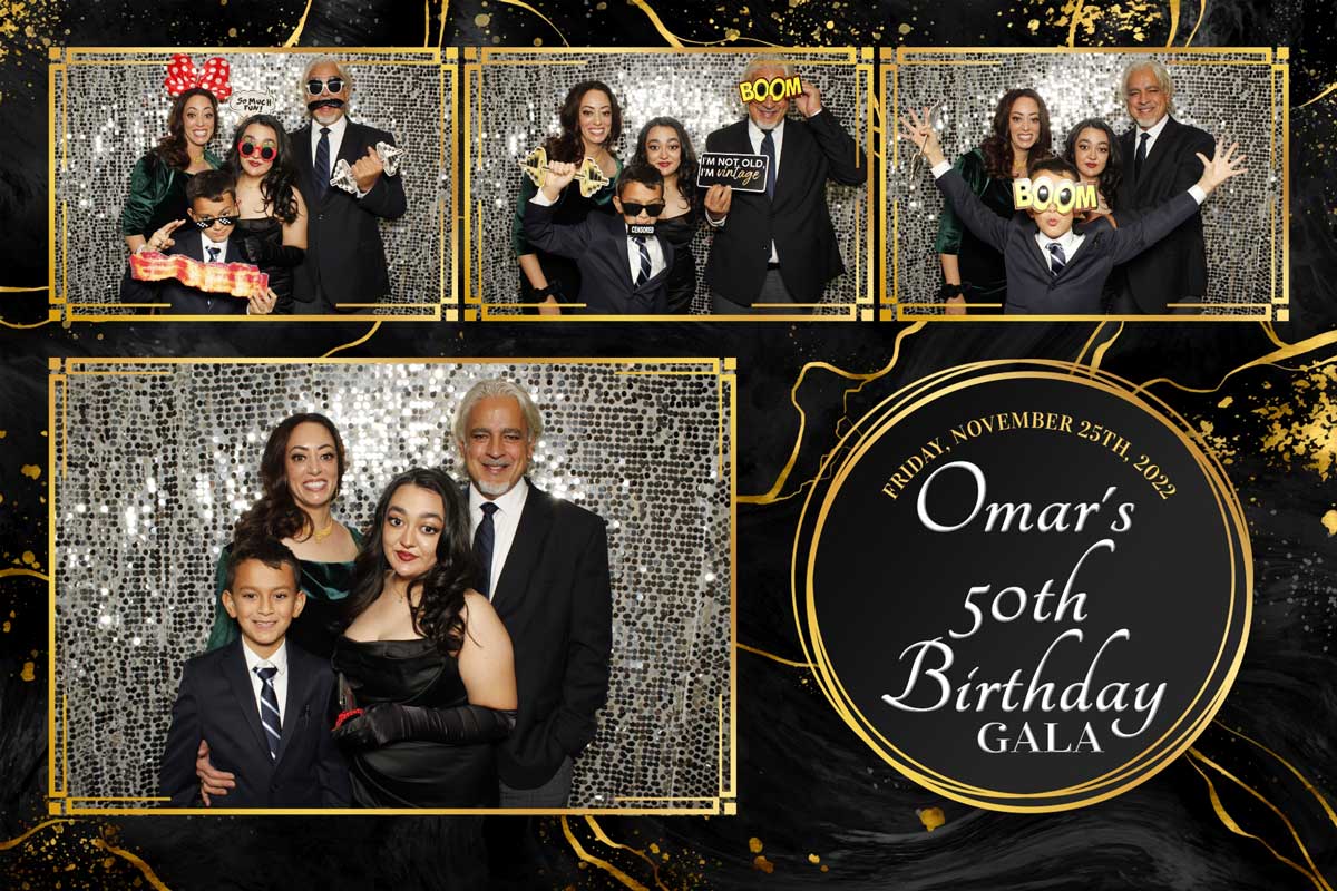 A group of people are posing for a picture in a photo booth for omar 's 50th birthday gala.