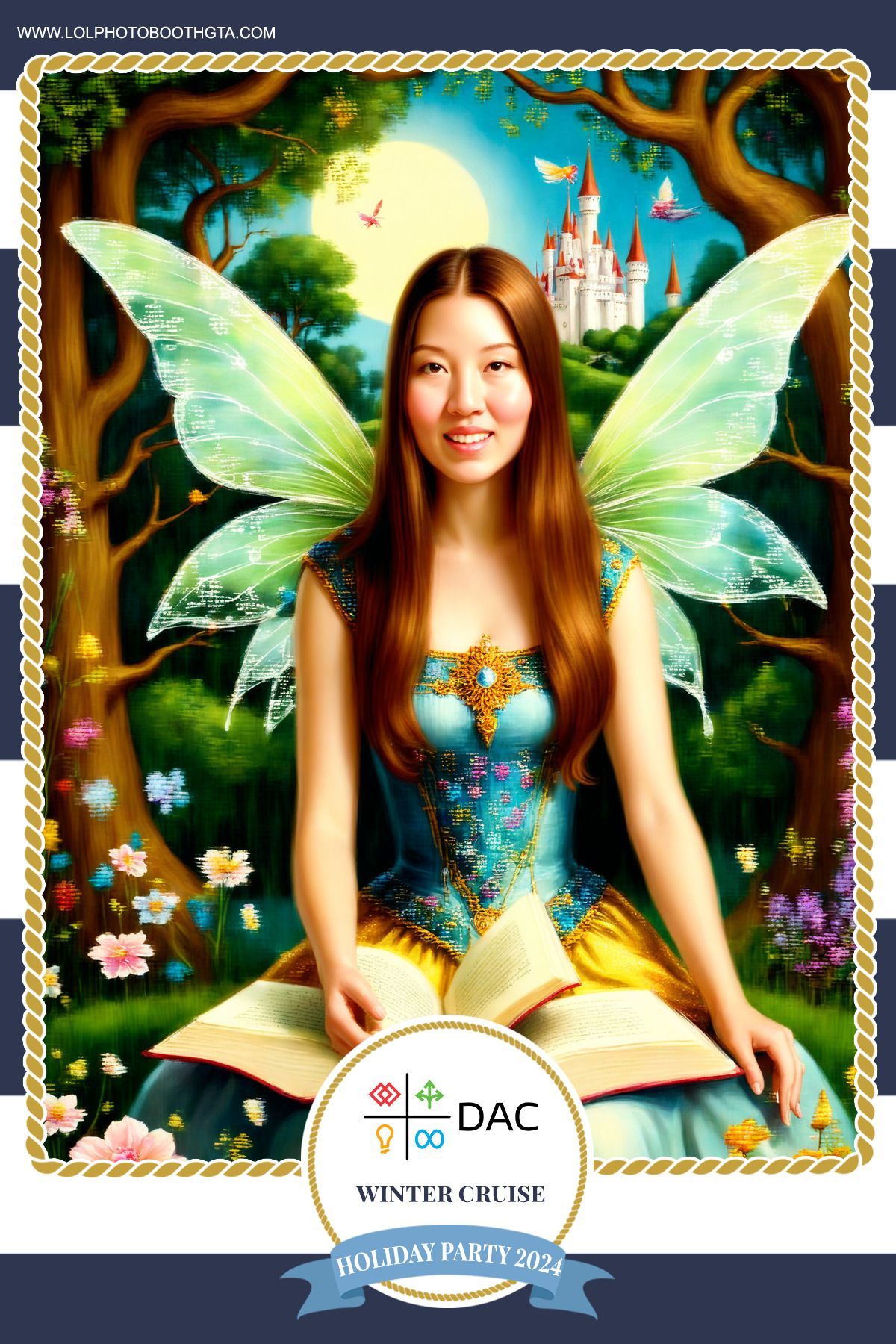 Woman with fairy wings and book in an enchanted forest, with castle and moon.