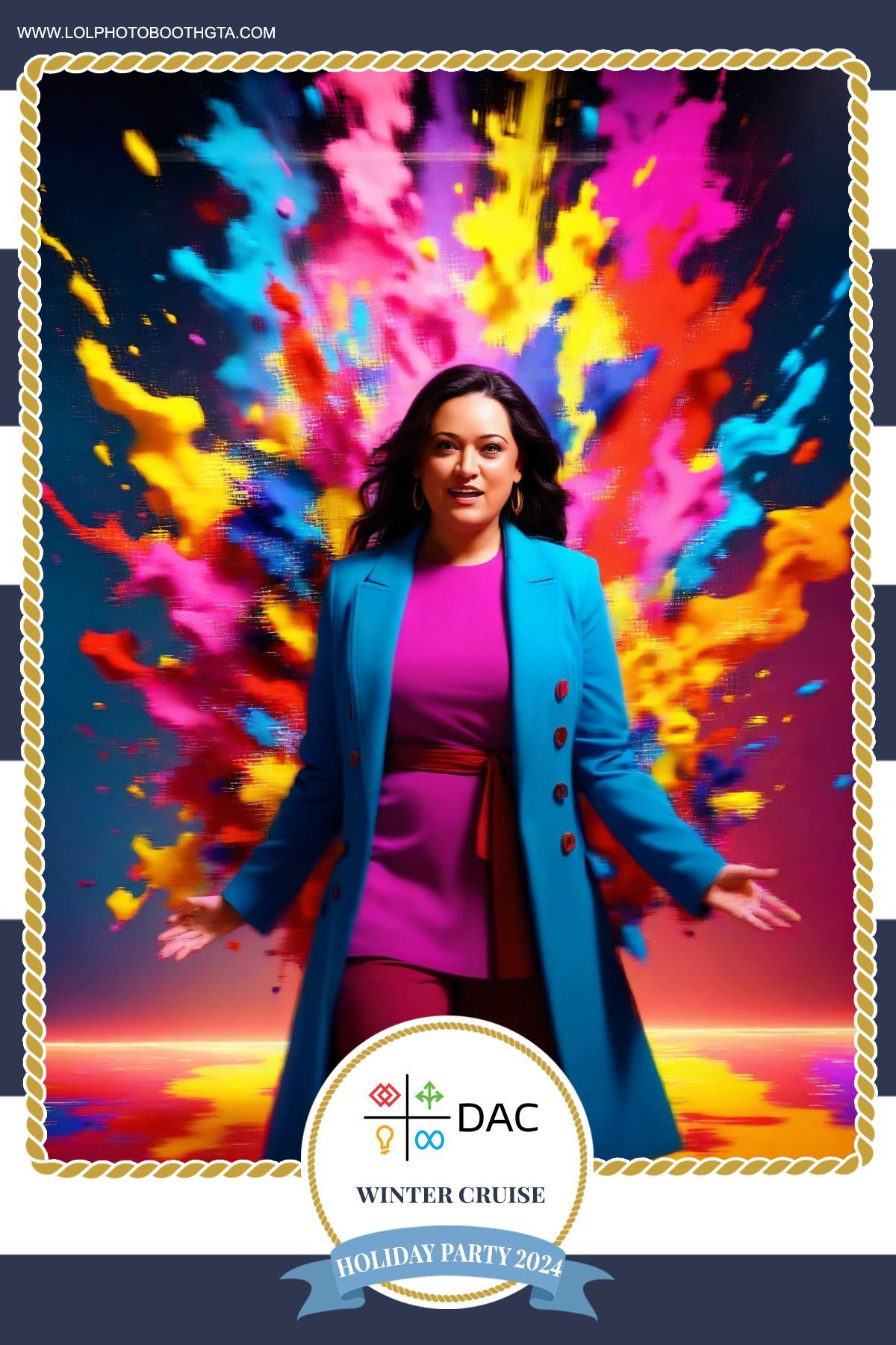 Woman in teal coat and pink outfit with colorful explosion backdrop, embracing. DAC logo at bottom.