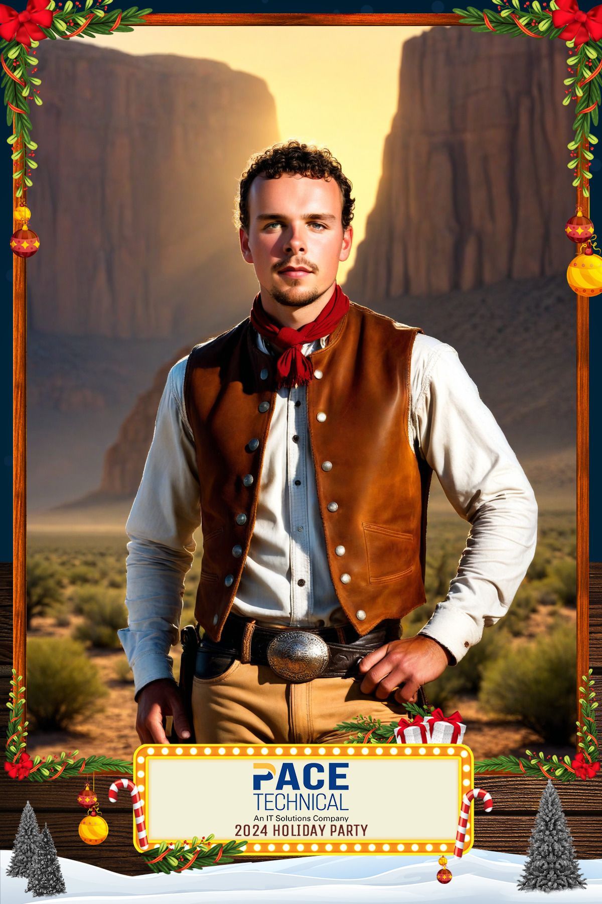 Cowboy in vest stands in desert, Christmas frame.
