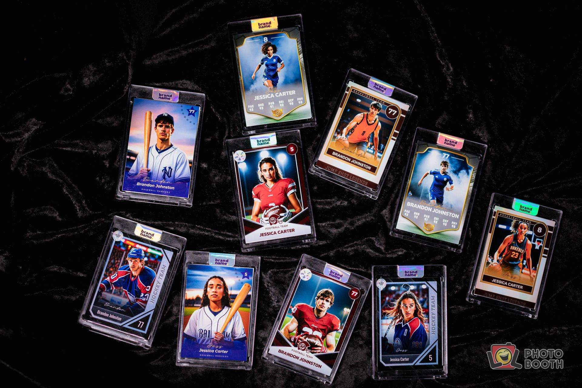 Collection of encased sports trading cards on a dark surface, featuring various athletes in action, including baseball, soccer, and football players.