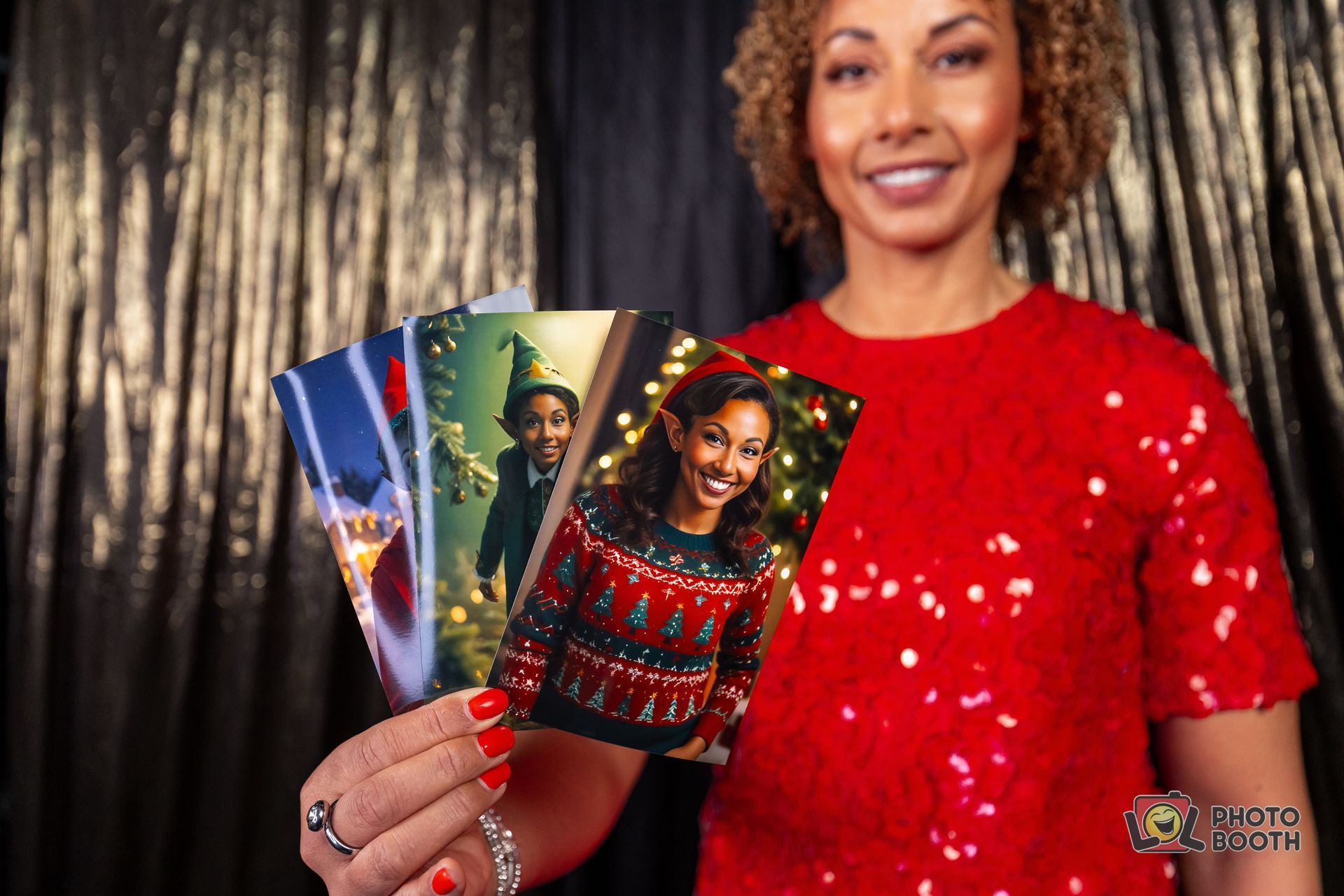 Woman in red sequined top holding holiday photos, smiling. Black background.