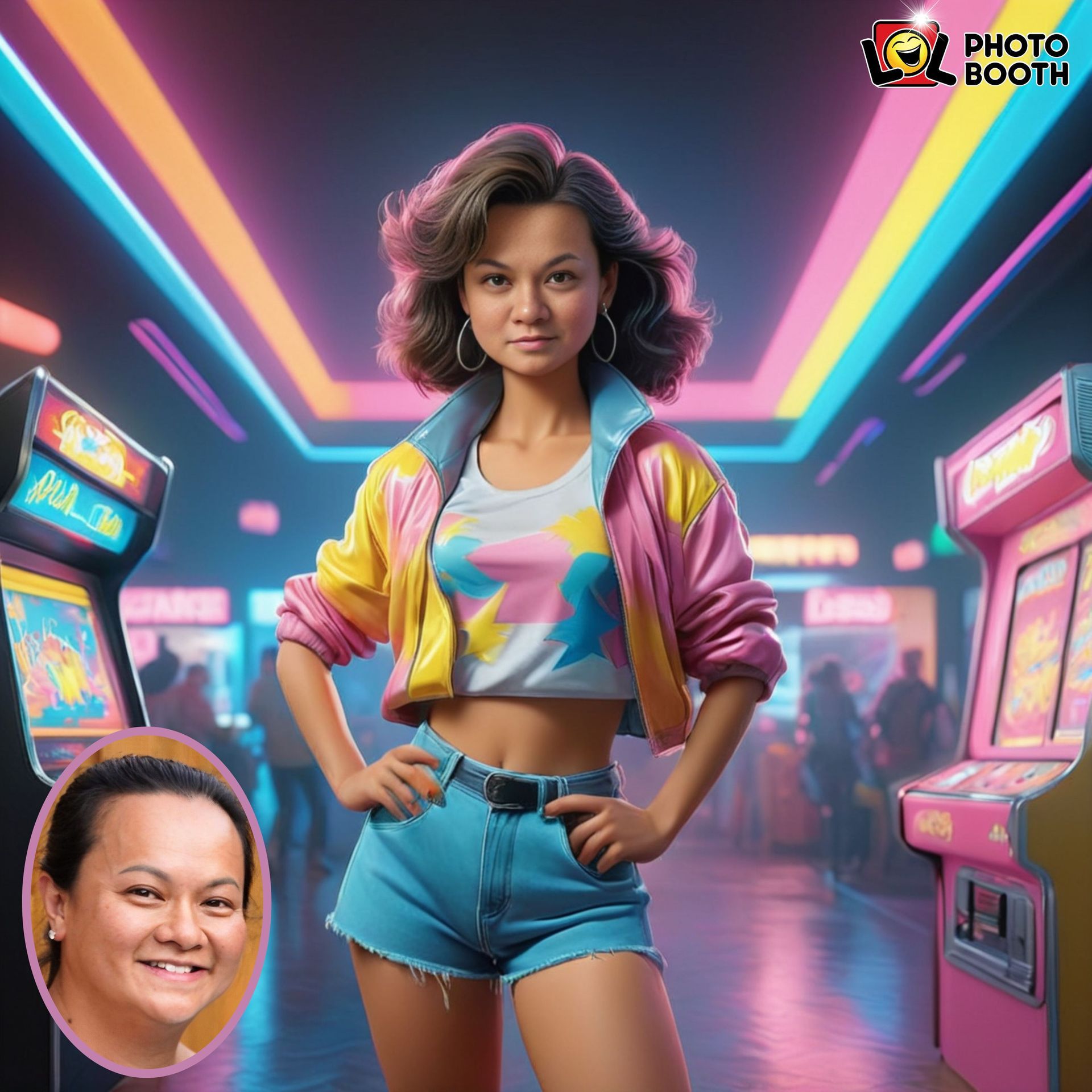 A woman in 80s attire poses in an arcade. She wears a pink and yellow jacket, blue shorts. A photo of a woman's face is in the bottom left.