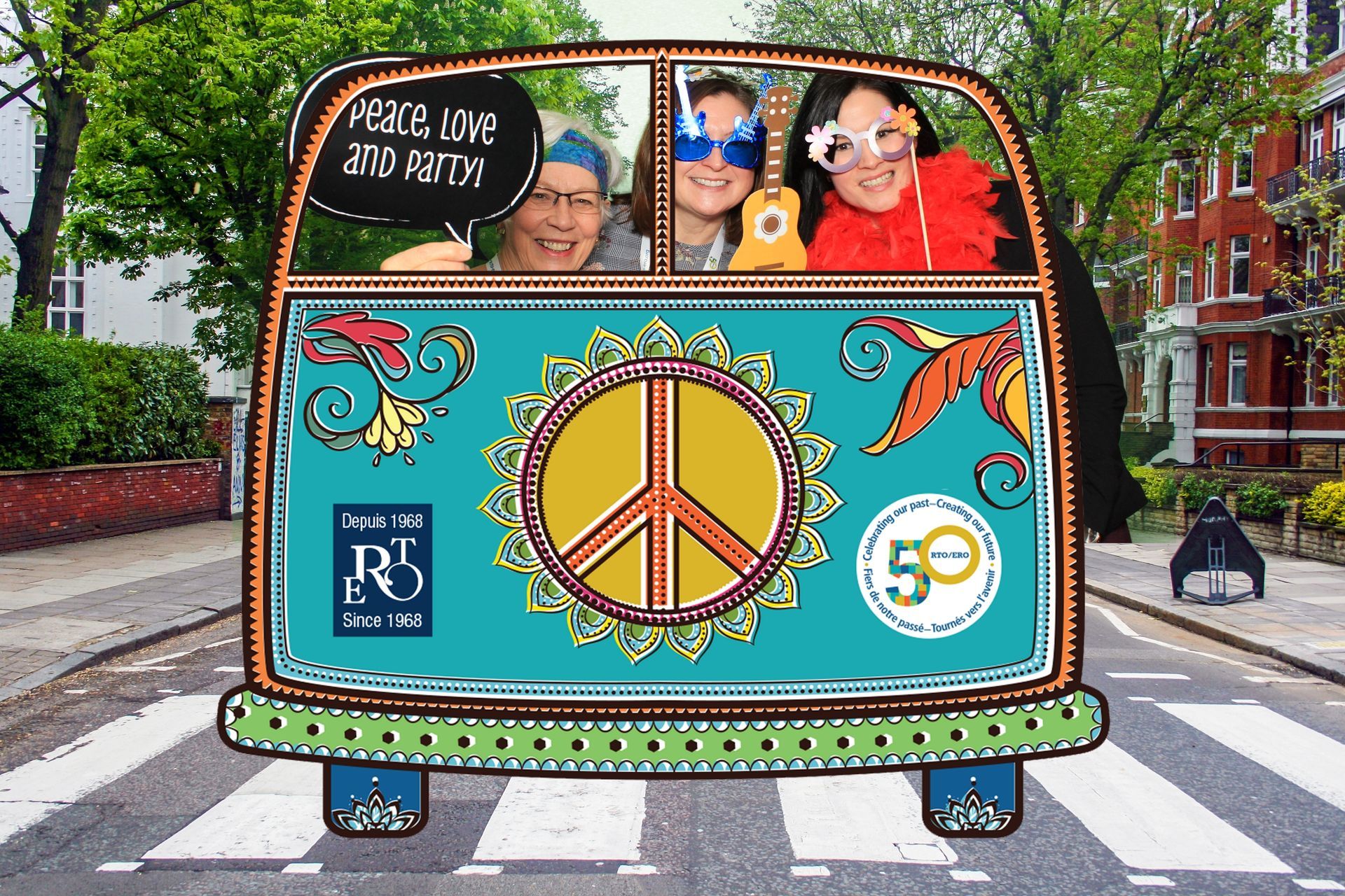 An image of a bus with a peace sign on it for an event with a 60's themed party.  Image belongs to LOL Photo Booth GTA.