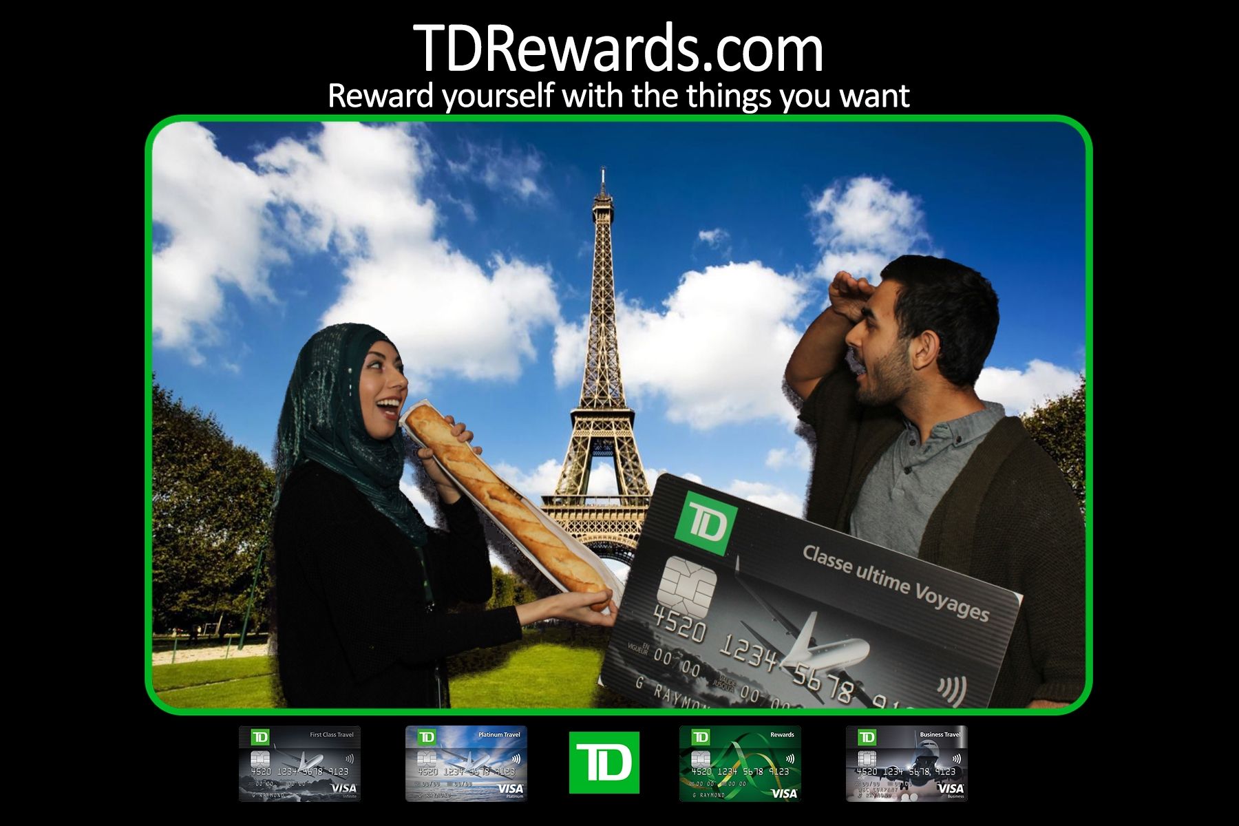 An advertisement for td rewards shows a man and a woman in front of the eiffel tower.  Greenscreen image of the eiffel tower was used by LOL Photo Booth GTA.