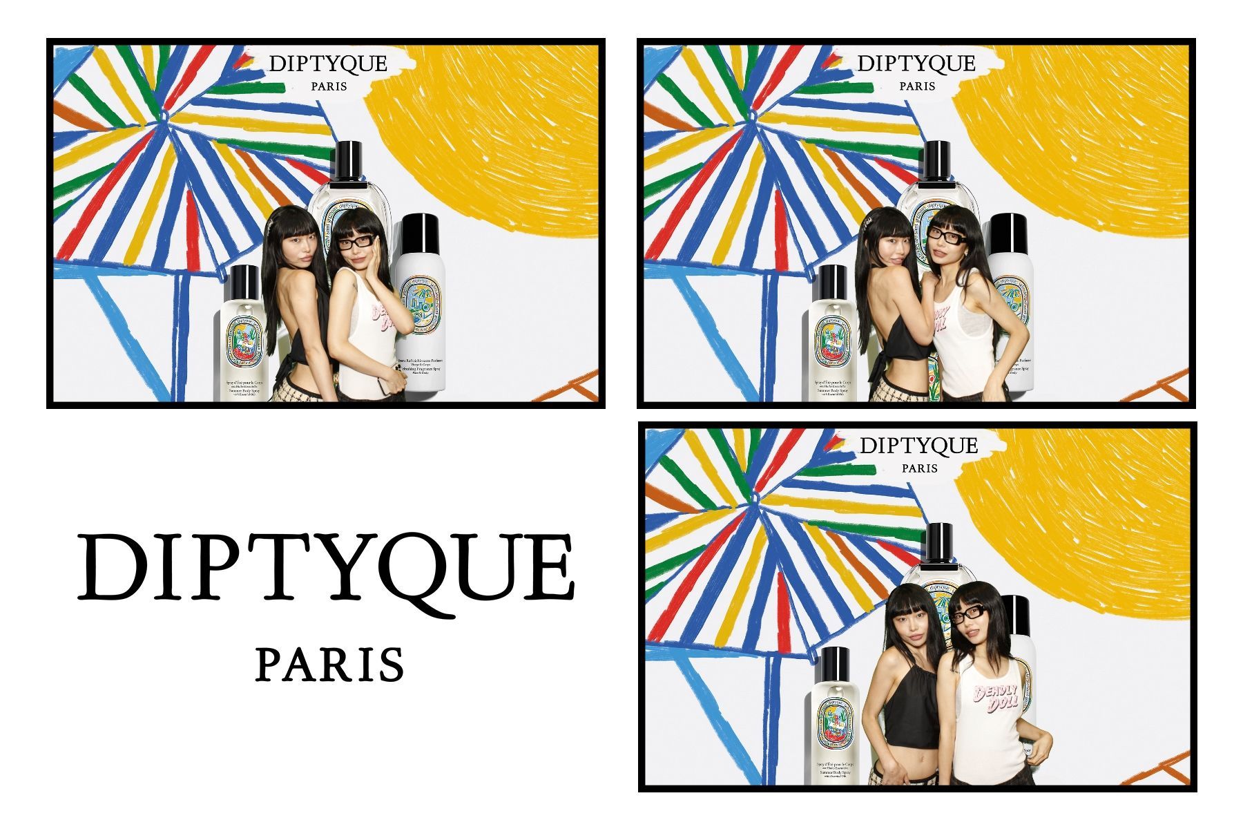 Photo booth brand activation for DIPTYQUE Paris with a colourful geometric background and branded template.