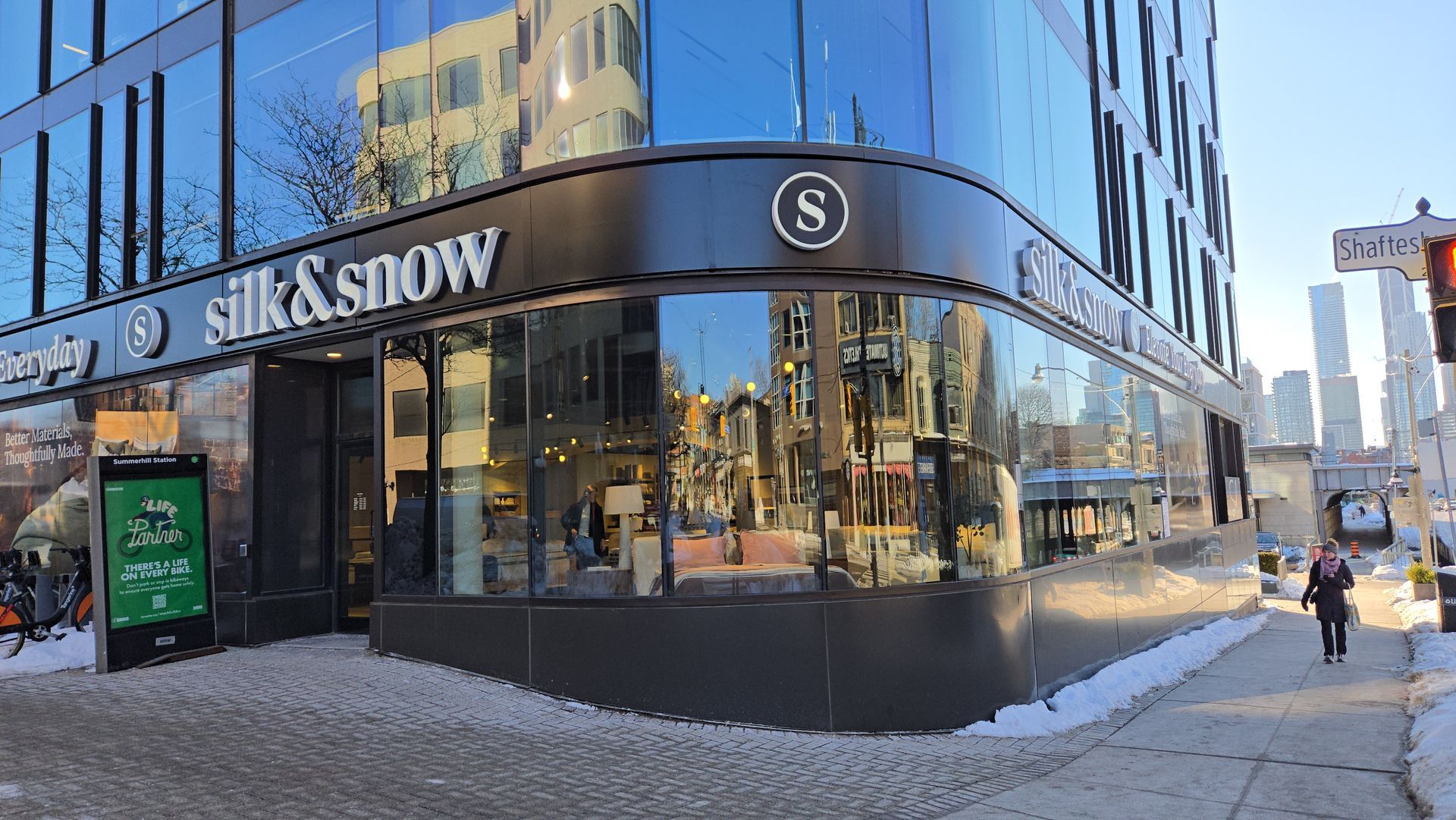 A modern glass building with a 