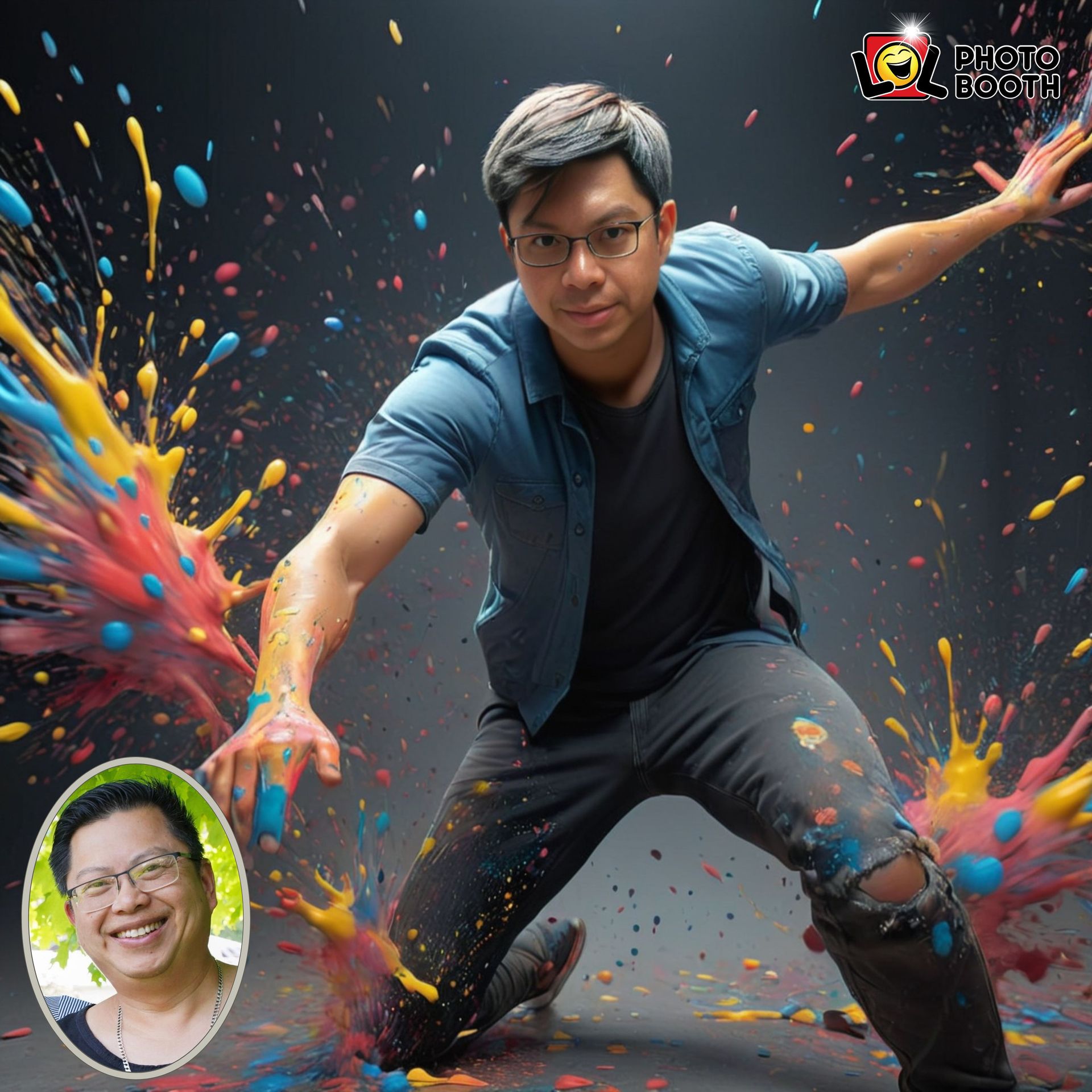 Man in paint-splattered jeans and shirt, reaching into colorful explosion. Portrait in corner.