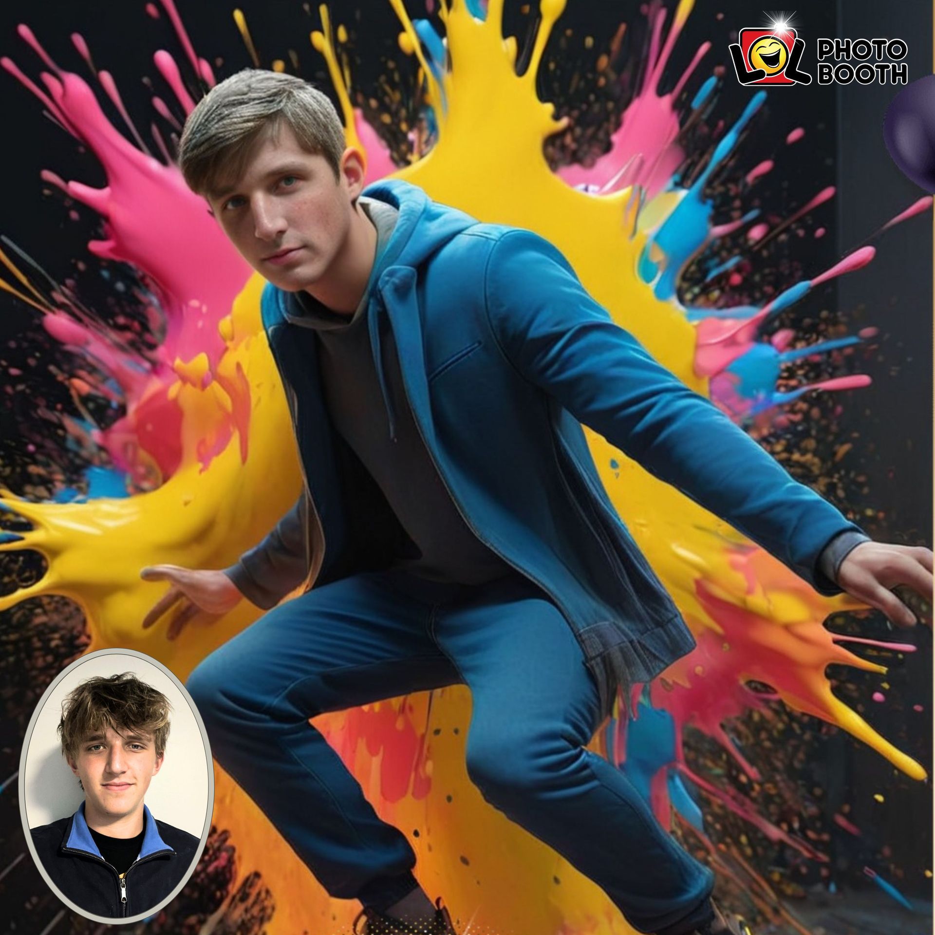 Man in blue tracksuit, arms out, in front of a colorful paint splash. Small photo of the man in the corner.