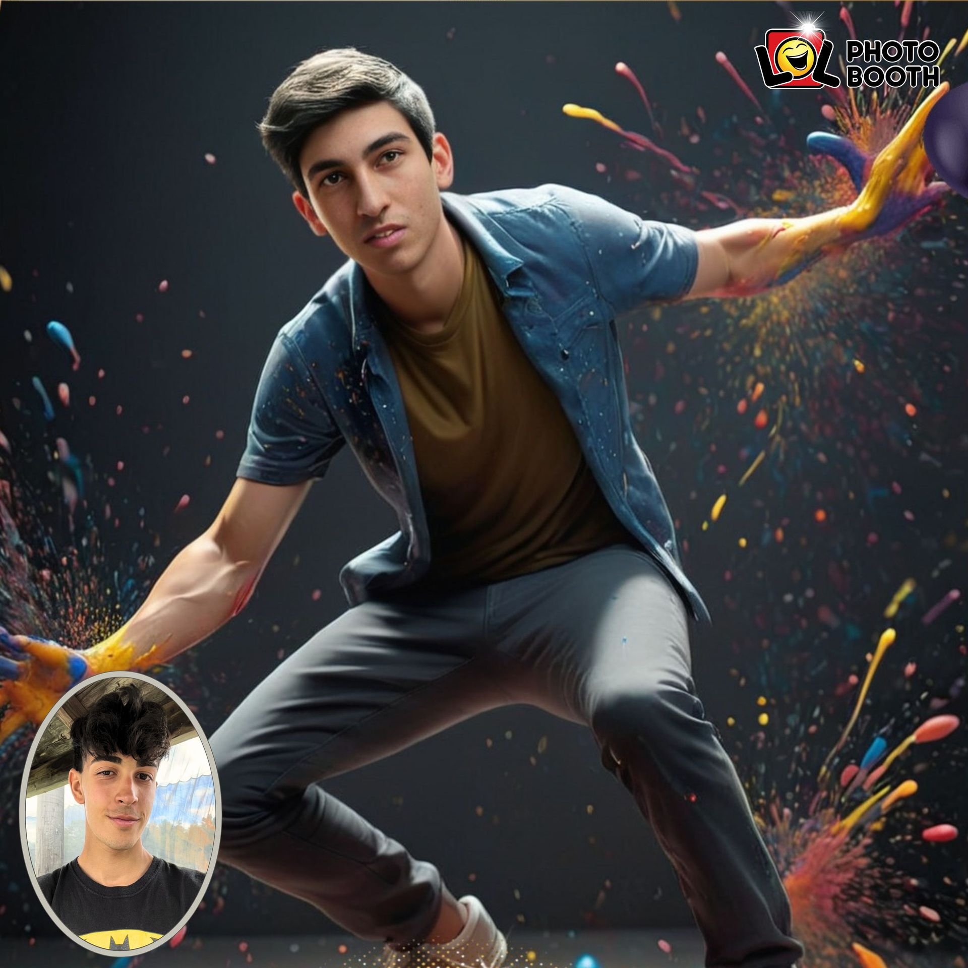 Young man in open blue shirt, pants, and tan shirt with colorful paint splashes, with a smaller headshot in the corner.